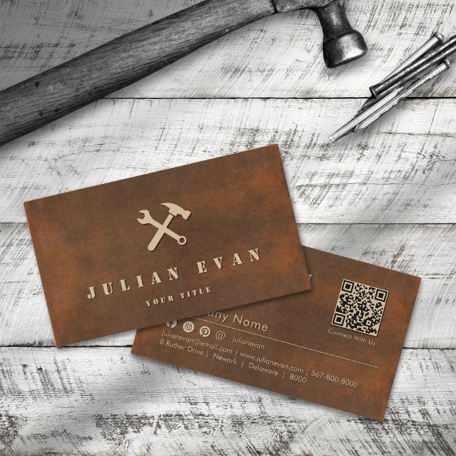Carte De Visite Icône de clé en marteau en acier rouillé Handyman (Rusted Iron Steel Hammer Wrench Icon Handyman Business Card)