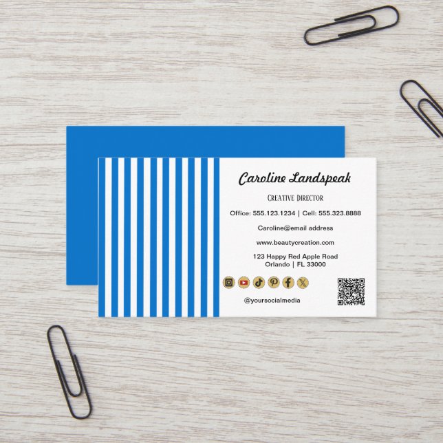 Carte De Visite Icône de médias sociaux Code QR à rayures blanches (Devant/Arrière en situation)