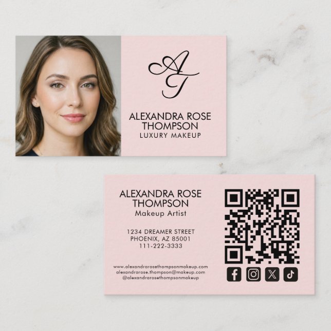 Carte De Visite Icône sociale code QR Maquillage Monogramme Rose R (Devant / Derrière)