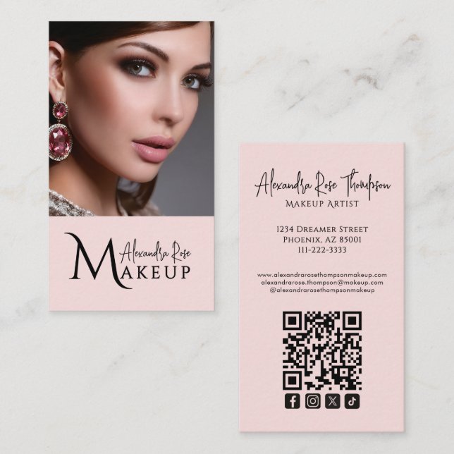 Carte De Visite Icône sociale Qr Code Maquilleuse Rose Pâle (Devant / Derrière)