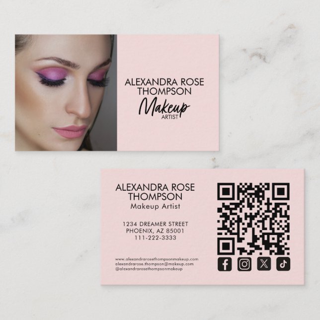 Carte De Visite Icône sociale Qr Code Maquilleuse Rose Pâle (Devant / Derrière)