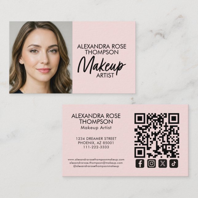 Carte De Visite Icône sociale Qr Code Maquilleuse Rose Pâle (Devant / Derrière)