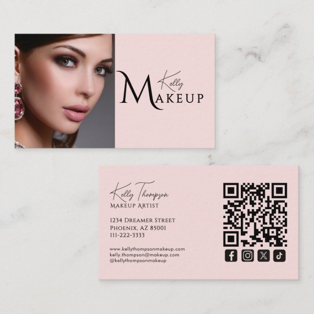 Carte De Visite Icône sociale Qr Code Maquilleuse Rose Pâle (Devant / Derrière)