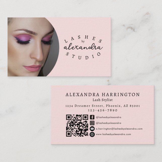 Carte De Visite Icône sociale QR Code photo écriture rose pâle noi (Devant / Derrière)