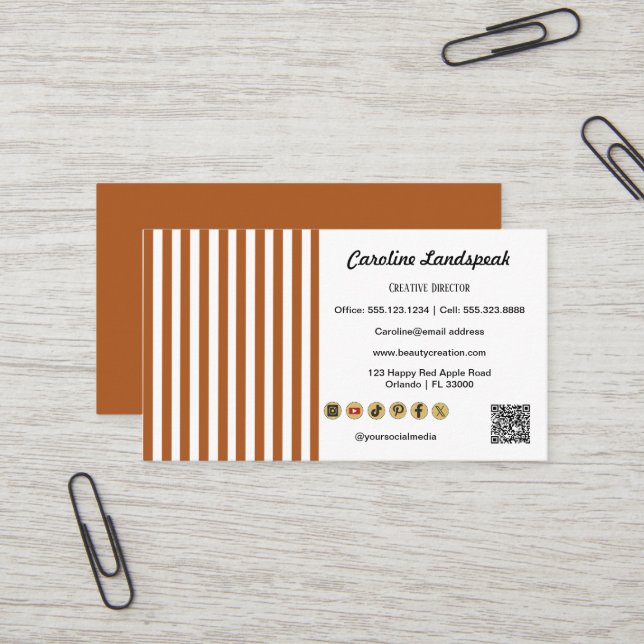 Carte De Visite Icônes de médias sociaux Code QR Rayures Blanches  (Devant/Arrière en situation)