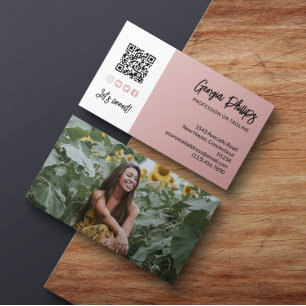 Carte De Visite Icônes de médias sociaux de code QR de photo rose 