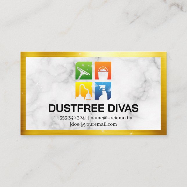 Carte De Visite Icônes de nettoyage | Marbre | Bordure or | Éclats (Devant)