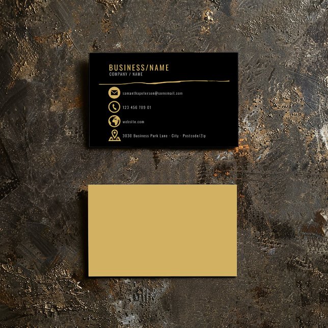 Carte de visite icônes dorées (Gold icons business card on a bold black background.)