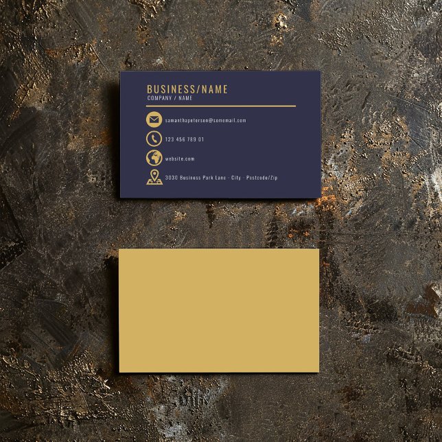 Carte de visite icônes or et bleu (Gold and blue icons business card on a clean blue background.)