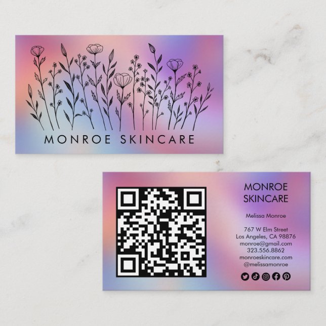 Carte De Visite Icônes sociales Code QR Élégant Fleurs sauvages  (Devant / Derrière)