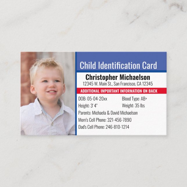 Carte De Visite Identification de l'identité de l'enfant Allergie  (Devant)