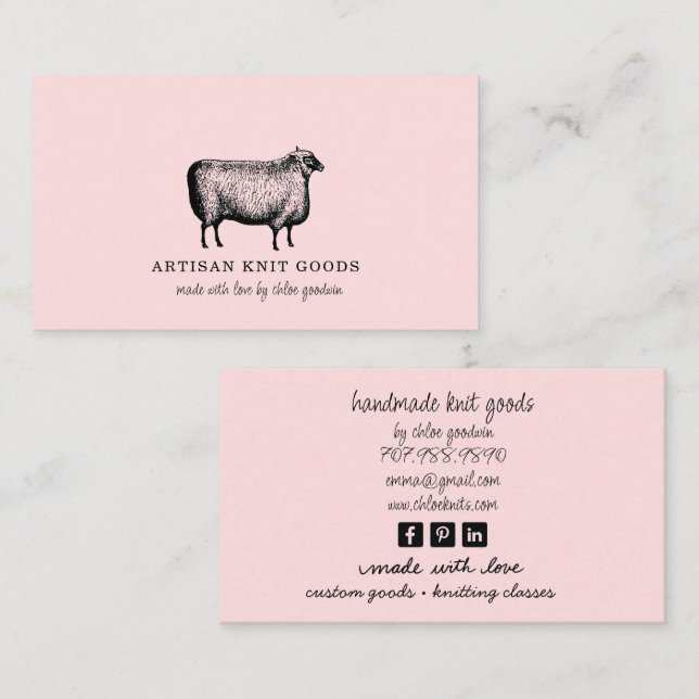 Carte De Visite Illustrated Sheep Knitting Pink Business (Devant / Derrière)