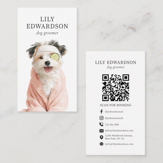 Carte De Visite Illustration de chien amusante et mignonne Code QR (Devant / Derrière)