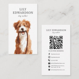 Carte De Visite Illustration de chien mignon Code QR pour promeneu