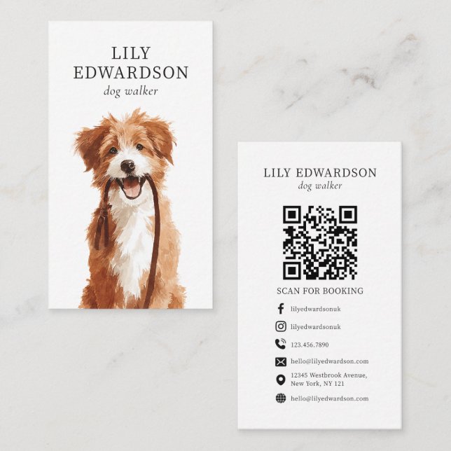Carte De Visite Illustration de chien mignon Code QR pour promeneu (Devant / Derrière)