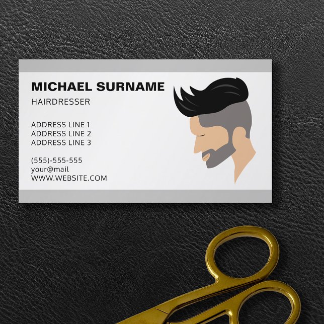 Carte De Visite Illustration de coiffure masculine moderne Coiffeu (Business card design for barbers, hair stylists and hairdressers. Personalize with your text.)