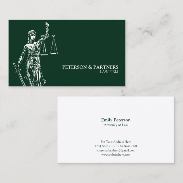 Carte De Visite Illustration de Lady Justice sur fond vert foncé (Devant / Derrière)