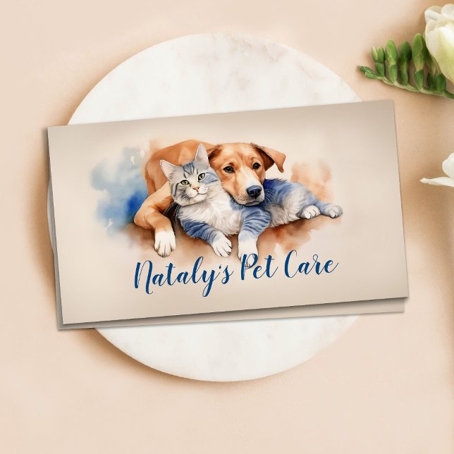 Carte De Visite Illustration de l'aquarelle de chat et de chien mi (Créateur téléchargé)