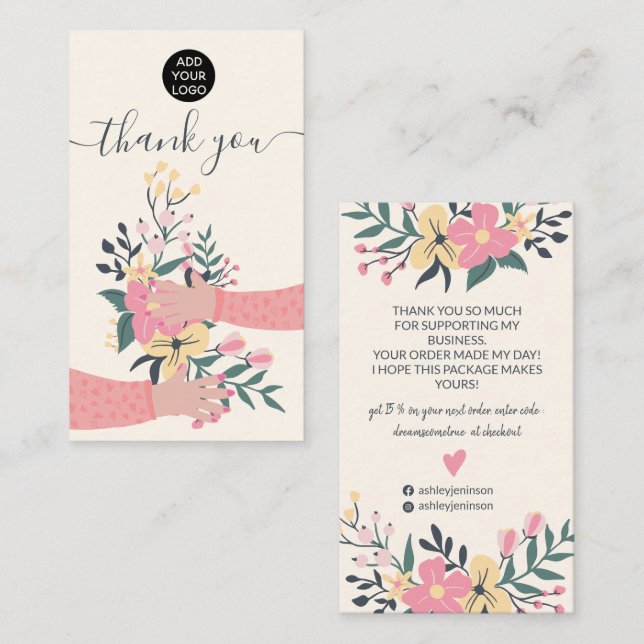 Carte De Visite Illustration des bras fleuris roses Merci (Devant / Derrière)