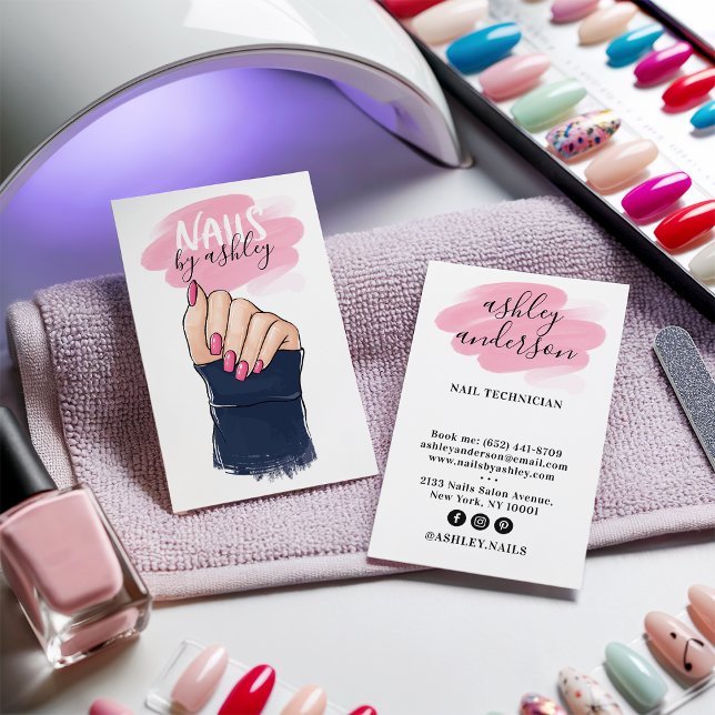 Carte De Visite Illustration des ongles tendance rose girly salon  (Nail salon girly pink trendy nails illustration)