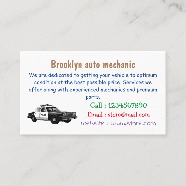 Carte De Visite Illustration d'une voiture de police (Devant)