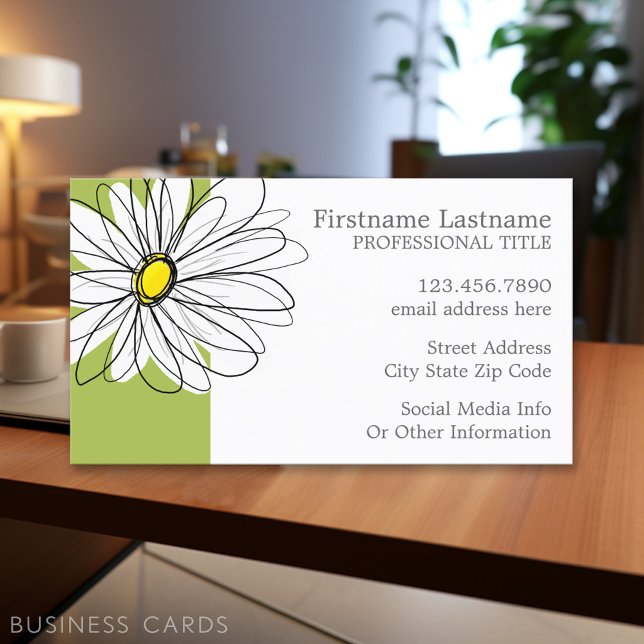 Carte De Visite Illustration florale Daisy tendance - chaux et jau (Personalized Printed Business Cards)