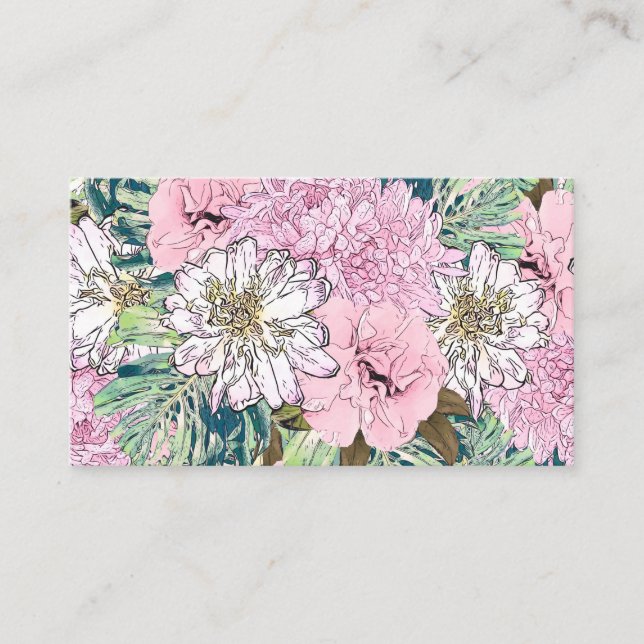 Carte De Visite Illustration florale rose et blanche de mignonne f (Devant)