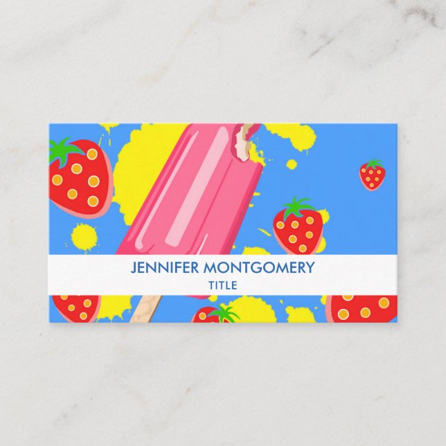 Carte De Visite Illustration Fun Pink Popsicle and Strawberries (Devant)