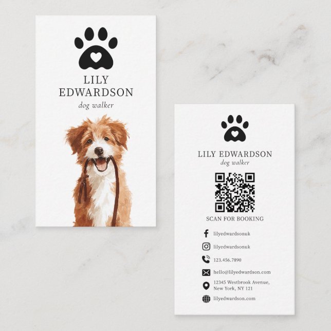 Carte De Visite Illustration mignonne Code QR empreinte de patte d (Devant / Derrière)