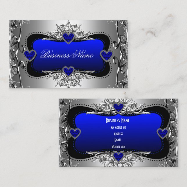Carte De Visite Image de cœurs élégants Blue Silver Diamond (Devant / Derrière)