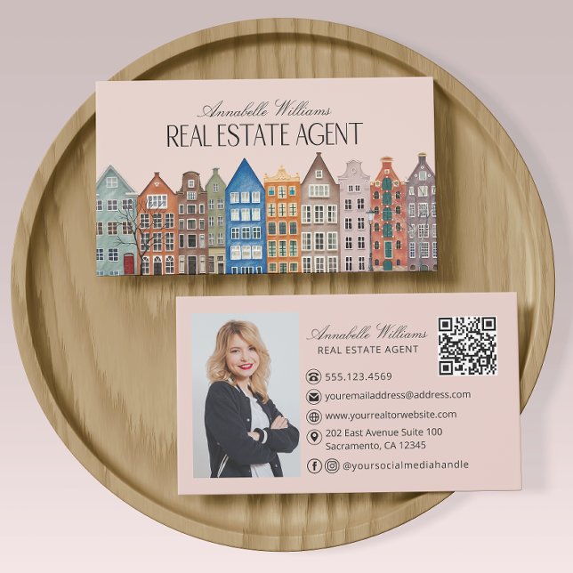 Carte De Visite Immobilier Agent aquarelle Maisons QR Code (Créateur téléchargé)