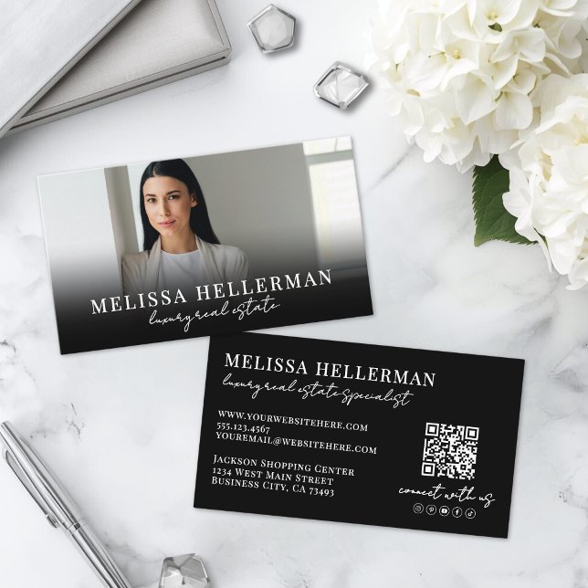 Carte De Visite Immobilier de Luxe Black Script (Black Script Luxury Real Estate Business Card )