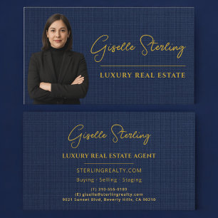 Carte De Visite Immobilier de Luxe Lin Bleu Nuit Or