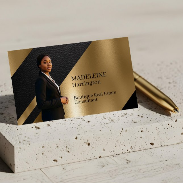 Carte De Visite Immobilier de Luxe Noir & Or Cuir Luxe (Luxury Real Estate Black & Gold Black Leather Luxe Business Card)