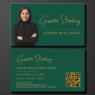 Carte De Visite Immobilier Emerald Green Gold QR Code Script