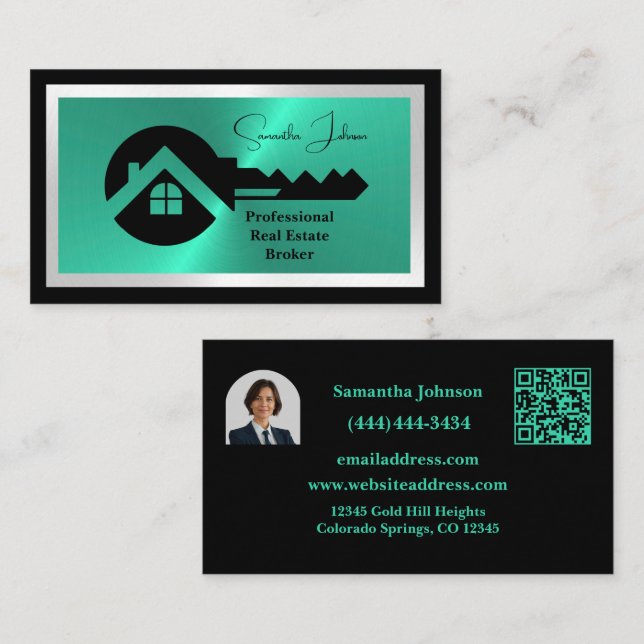 Carte De Visite Immobilier luxe noir et turquoise avec code QR pho (Devant / Derrière)