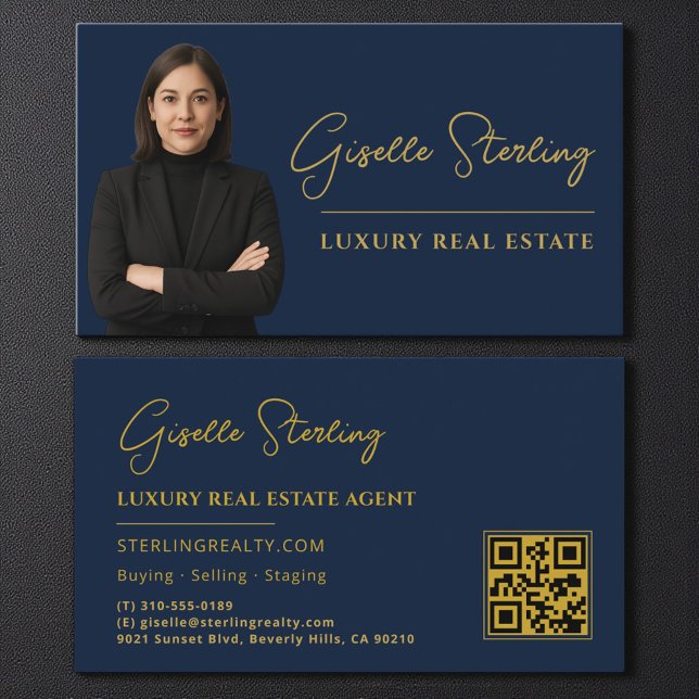 Carte De Visite Immobilier Marine Bleu Or QR Code Script Luxe (Créateur téléchargé)