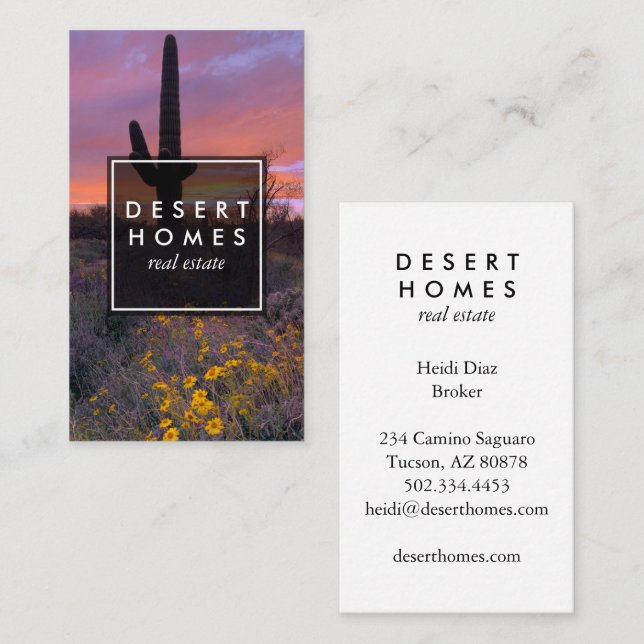 Carte De Visite Immobilier moderne Saguaro Sunset Desert Photo (Devant / Derrière)