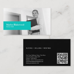 Carte De Visite Immobilier noir & blanc photo Turquoise QR Code