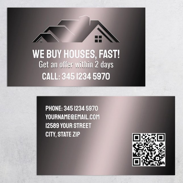 Carte De Visite Immobilier Nous Achetons Maisons QR (Real Estate We Buy Houses QR Business Cards)