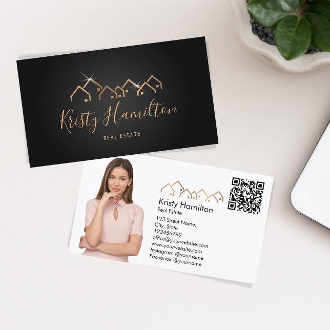 Carte De Visite immobilier professionnel ajouter photo code QR (gold roof house realtor logo)