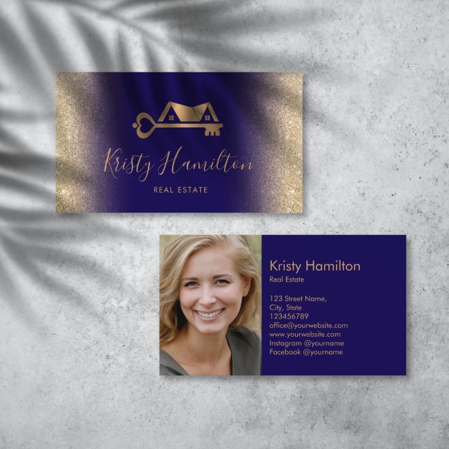 Carte De Visite immobilier professionnel clé de la maison ajouter  (gold house and key real estate logo business cards)