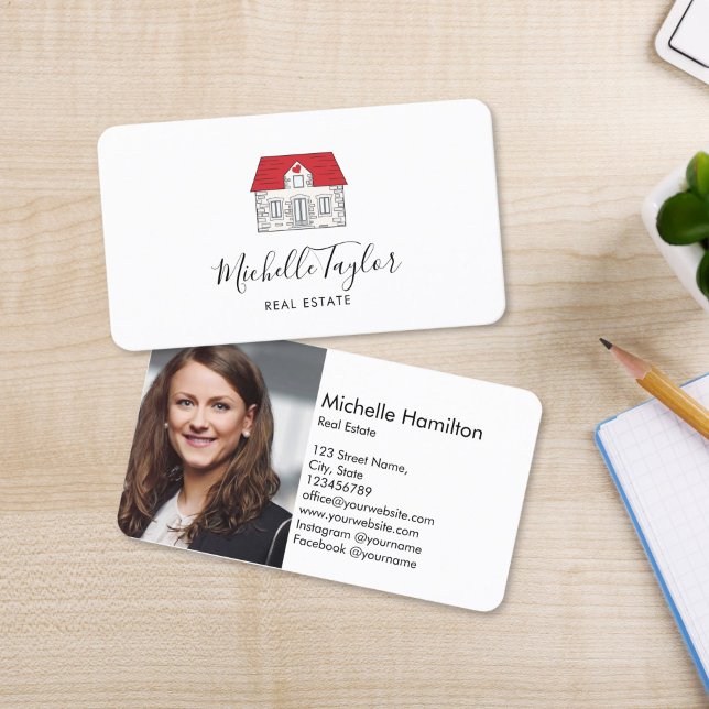 Carte De Visite Immobilier professionnel maison courtier or photo (cute hand drawn house with red roof real estate logo business card)