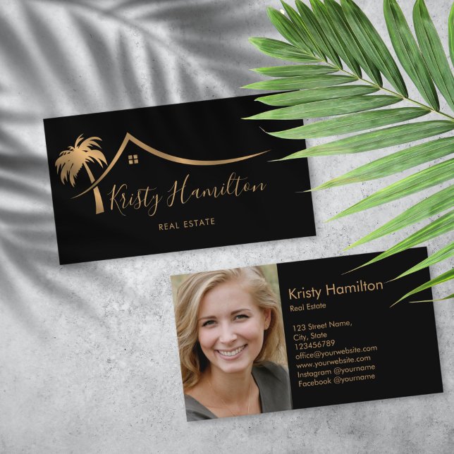 Carte De Visite immobilier professionnel maison immobilier immobil (gold palm tree house real estate logo business card)