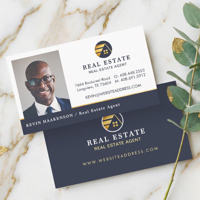 Carte De Visite Immobilier professionnel | Mise en page horizontal (Navy Gold Professional Real Estate Agent Photo Business Card)
