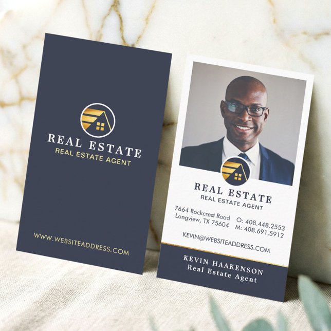 Carte De Visite Immobilier professionnel | Mise en page verticale (Navy Gold Professional Real Estate Broker Photo Business Card)