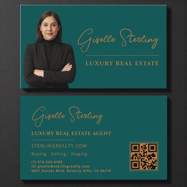 Carte De Visite Immobilier Turquoise cuivre QR Code Script Luxe (Créateur téléchargé)