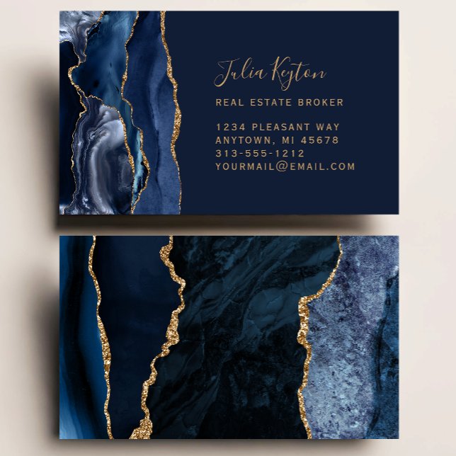 Carte de visite immobilière en agate bleu marine e (Créateur téléchargé)
