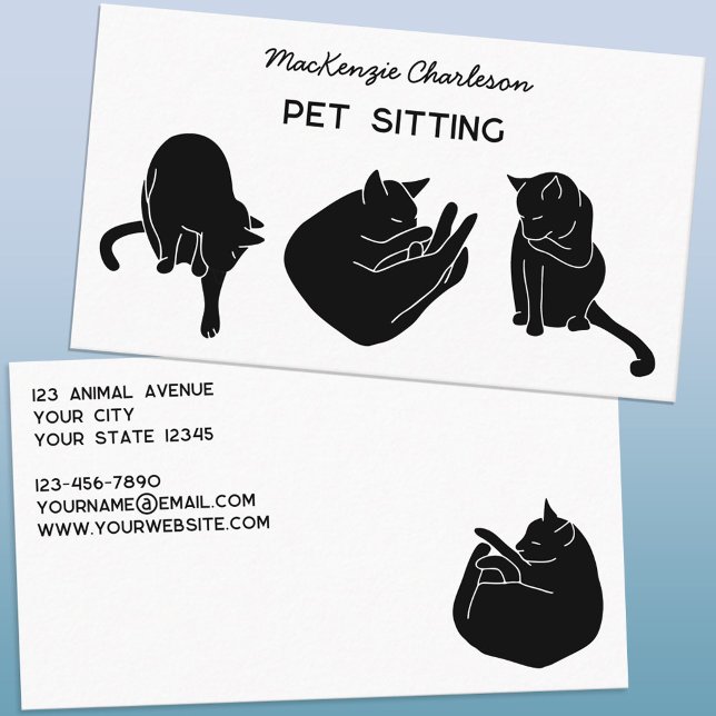 Carte De Visite Impression de bloc de chat Services pour animaux M (Modern minimalist block print cat black and white personalized pet sitting business cards
)