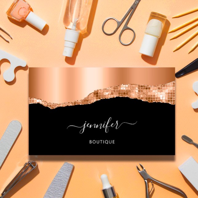 Carte De Visite Impression durable avec le logo QR Code (QR Code Logo Abstract Copper Stroke Glitter Black Business Card)